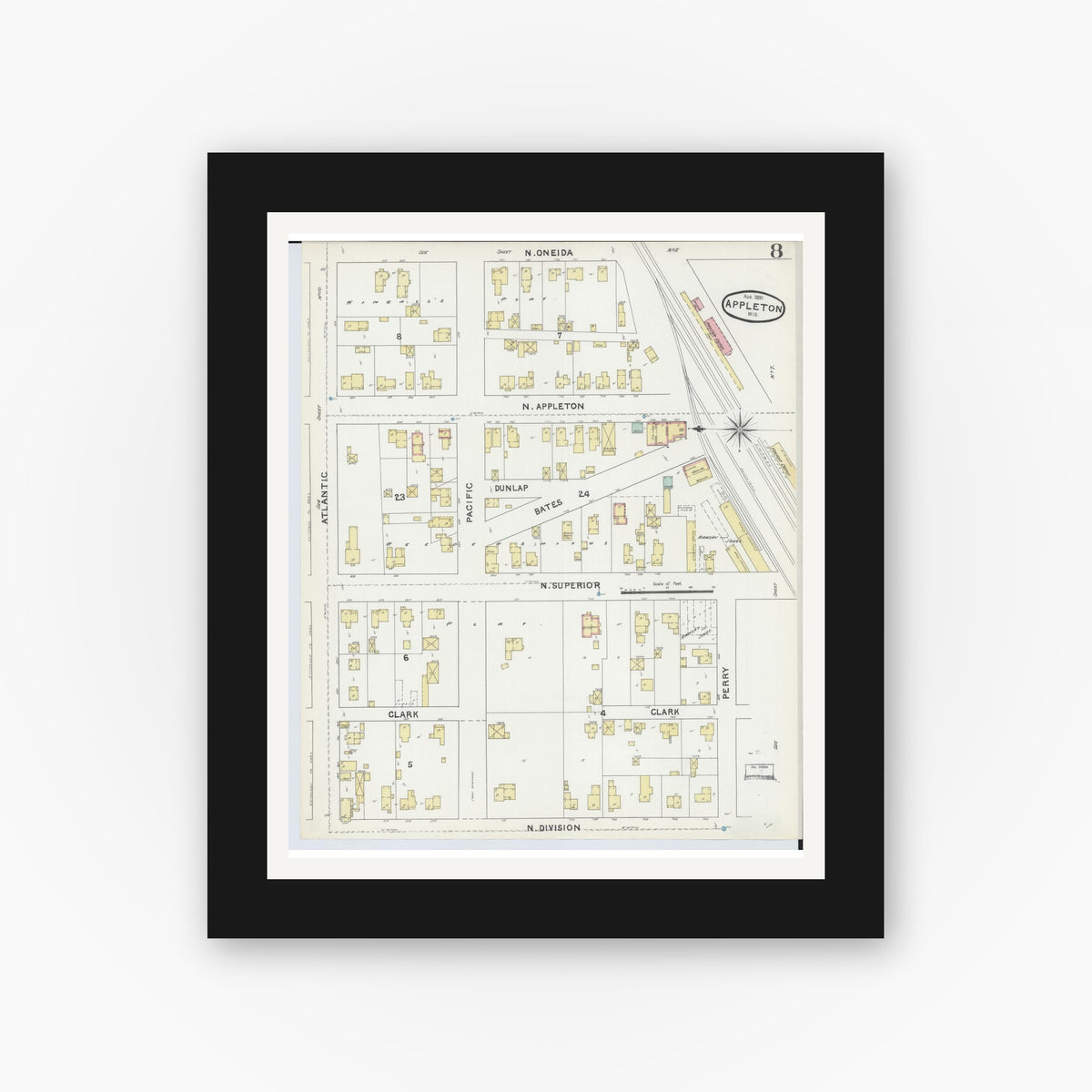 Old map wall art mockup — black gallery frame with white mat — Sanborn Fire Insurance Map from Appleton, Outagamie County, Wisconsin (1891), Sheet #0008