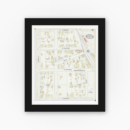 Old map wall art mockup — black gallery frame with white mat — Sanborn Fire Insurance Map from Appleton, Outagamie County, Wisconsin (1891), Sheet #0008