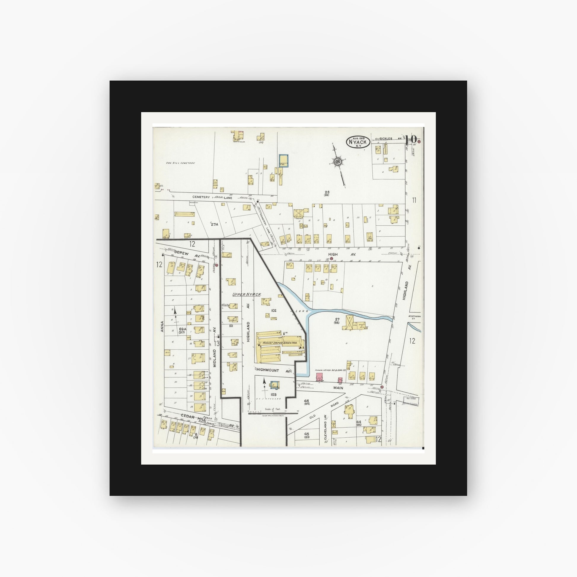 Old map wall art mockup — black gallery frame with white mat — Sanborn Fire Insurance Map from Nyack, Rockland County, New York. (1919), Sheet #0010