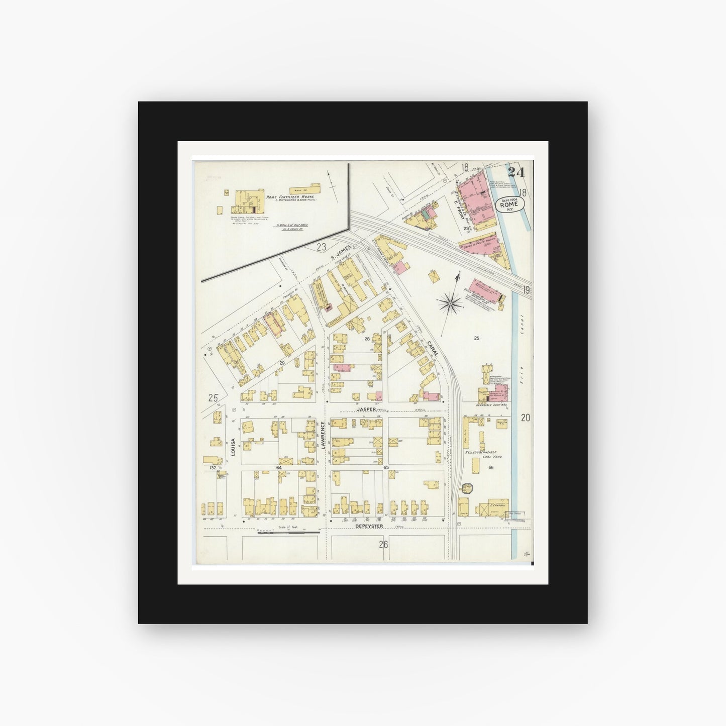 Old map wall art mockup — black gallery frame with white mat — Sanborn Fire Insurance Map from Rome, Oneida County, New York (1904), Sheet #0024