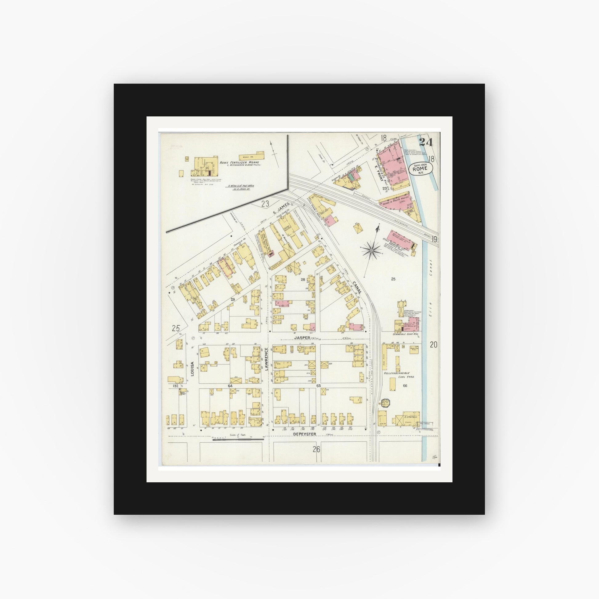 Old map wall art mockup — black gallery frame with white mat — Sanborn Fire Insurance Map from Rome, Oneida County, New York (1904), Sheet #0024