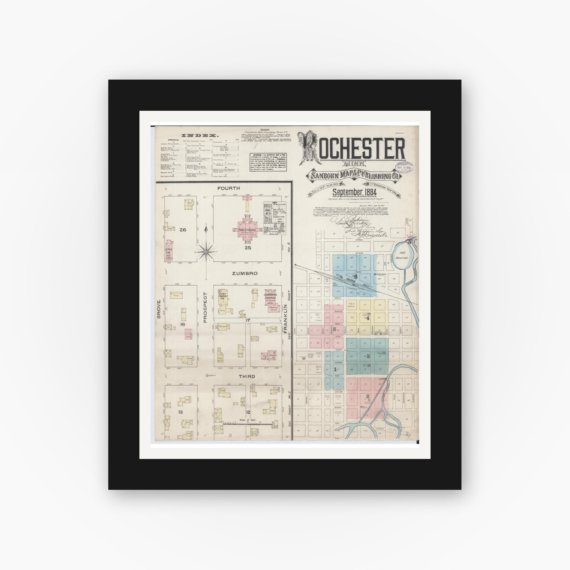 Old map wall art mockup — black gallery frame with white mat — Sanborn Fire Insurance Map from Rochester, Olmsted County, Minnesota (1884) - Complete Map Set