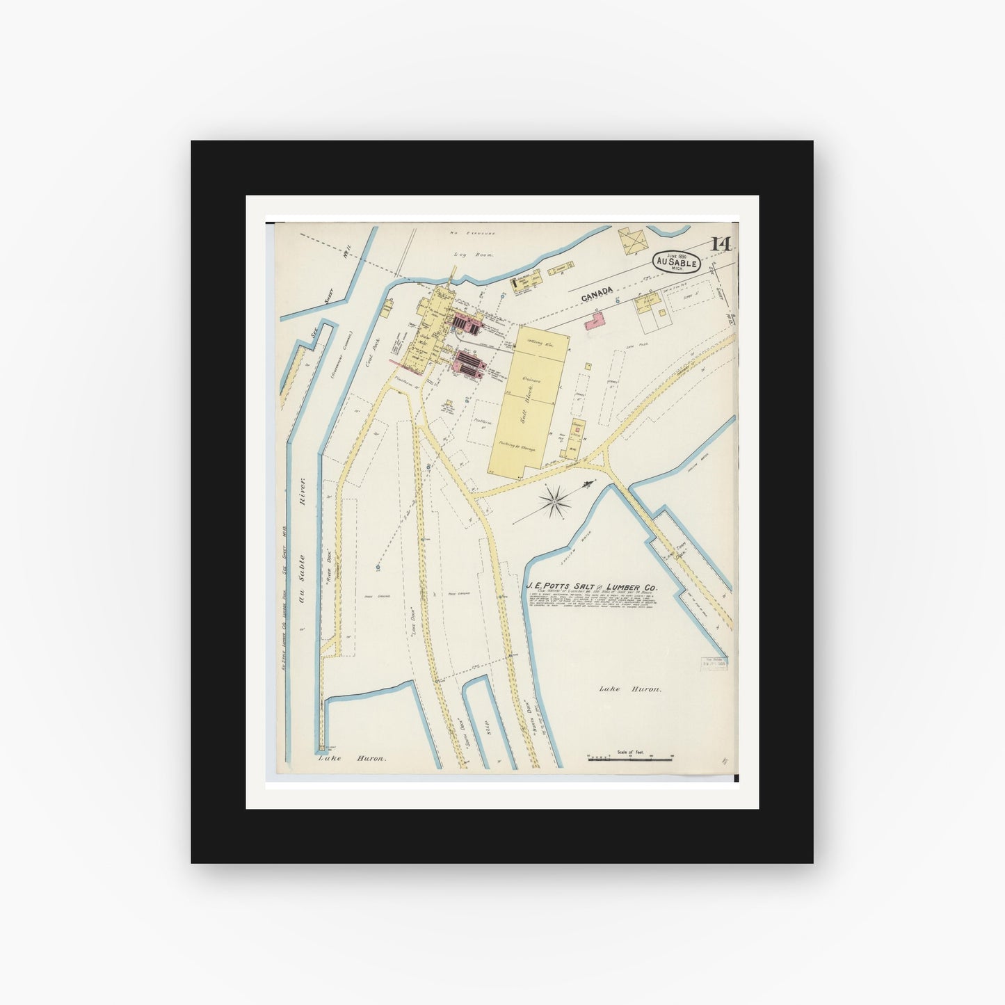 Old map wall art mockup — black gallery frame with white mat — Sanborn Fire Insurance Map from Oscoda, Iosco County, Michigan (1890), Sheet #0014