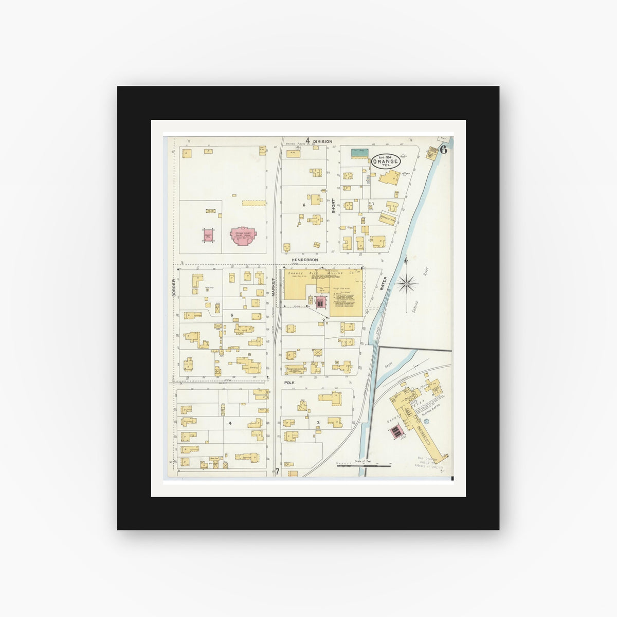 Old map wall art mockup — black gallery frame with white mat — Sanborn Fire Insurance Map from Orange, Orange County, Texas (1904), Sheet #0006