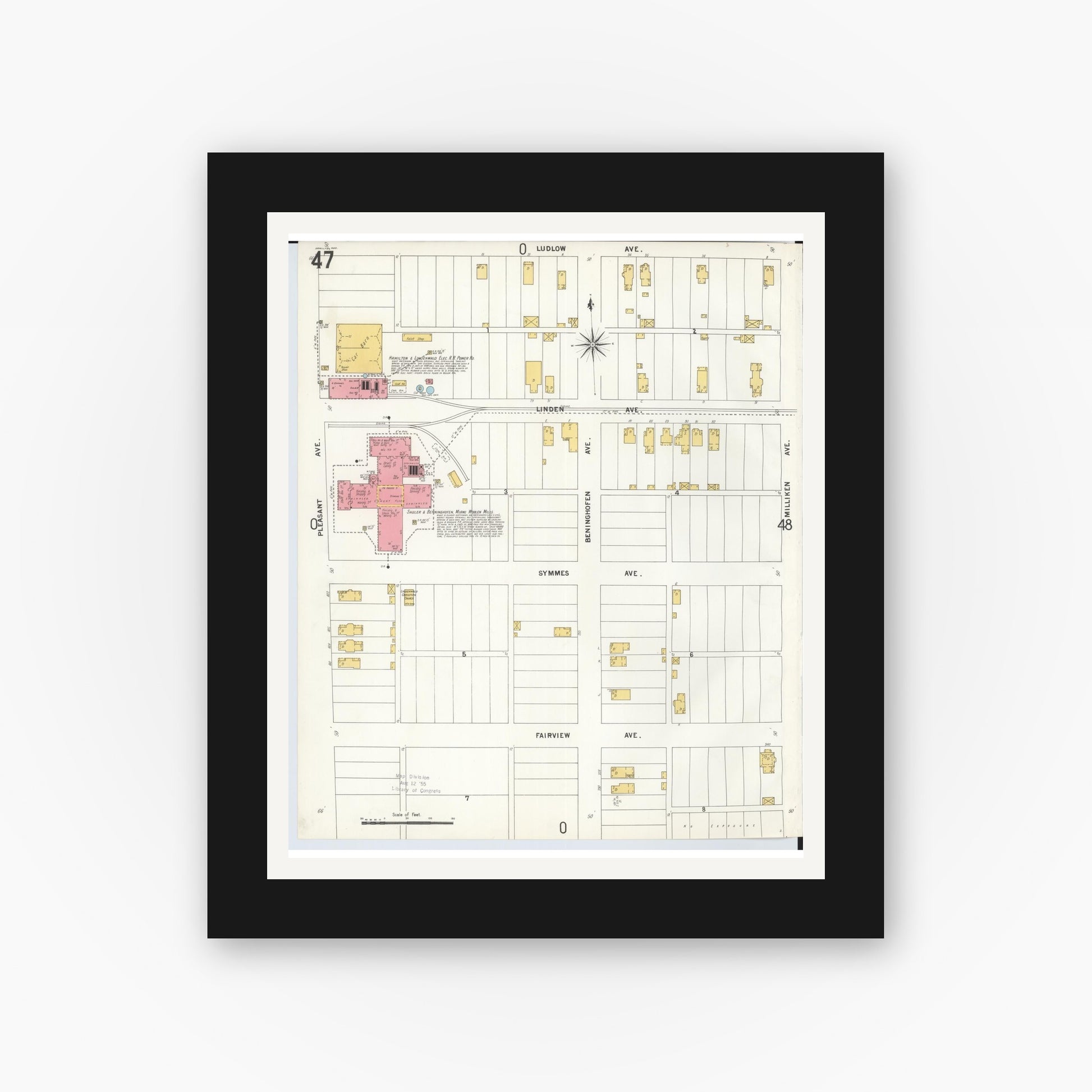 Old map wall art mockup — black gallery frame with white mat — Sanborn Fire Insurance Map from Hamilton, Butler County, Ohio (1899), Sheet #0047