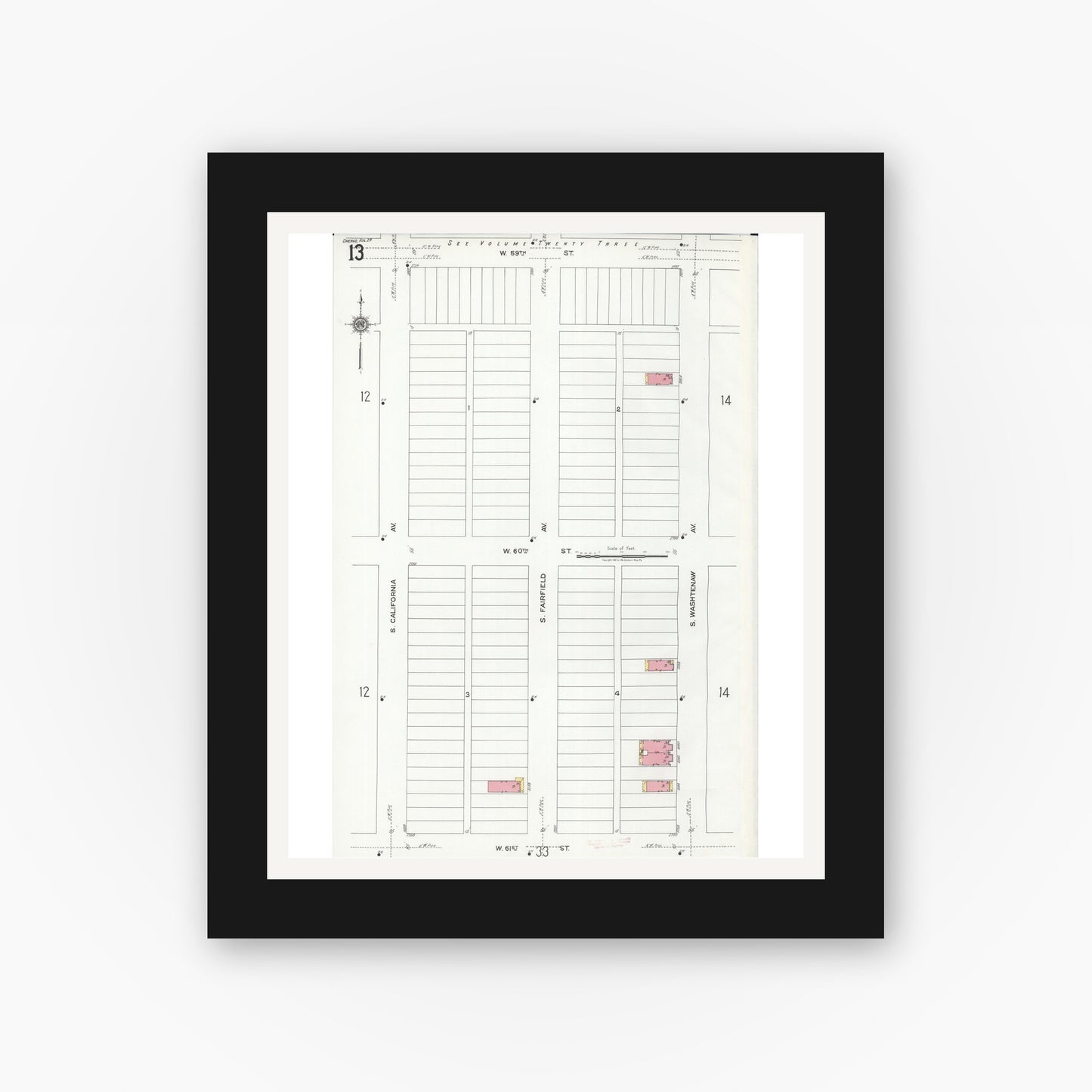Old map wall art mockup — black gallery frame with white mat — Sanborn Fire Insurance Map from Chicago, Cook County, Illinois (1920), Sheet #0013