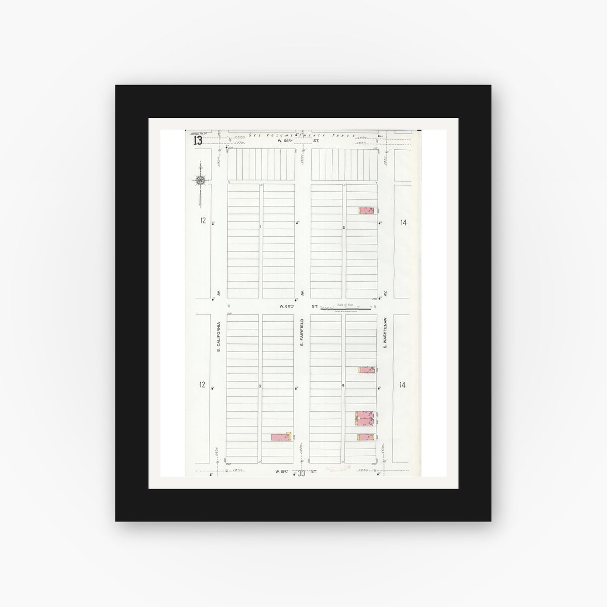 Old map wall art mockup — black gallery frame with white mat — Sanborn Fire Insurance Map from Chicago, Cook County, Illinois (1920), Sheet #0013