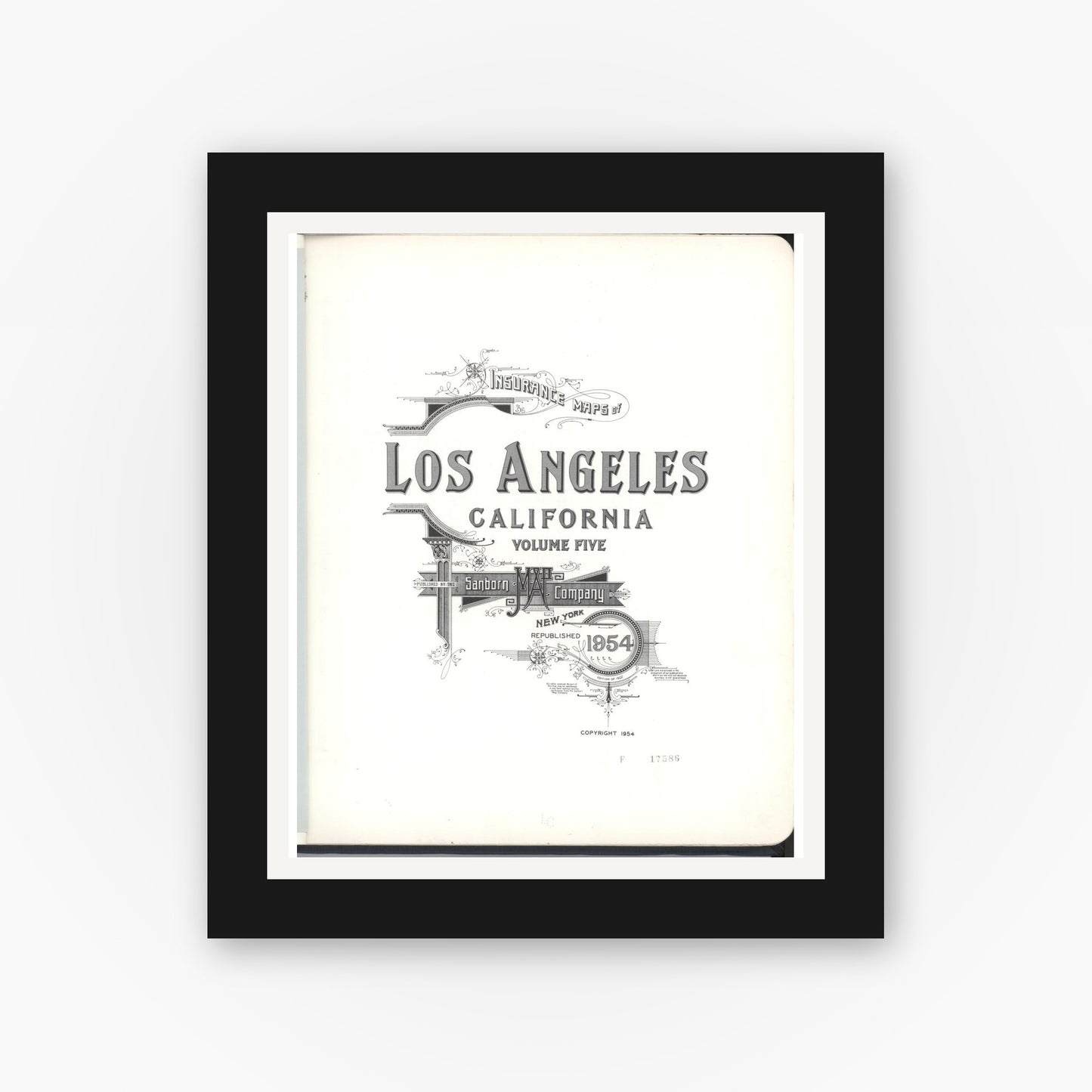 Old map wall art mockup — black gallery frame with white mat — Sanborn Fire Insurance Map from Los Angeles, Los Angeles County, California (1954), Sheet #0001