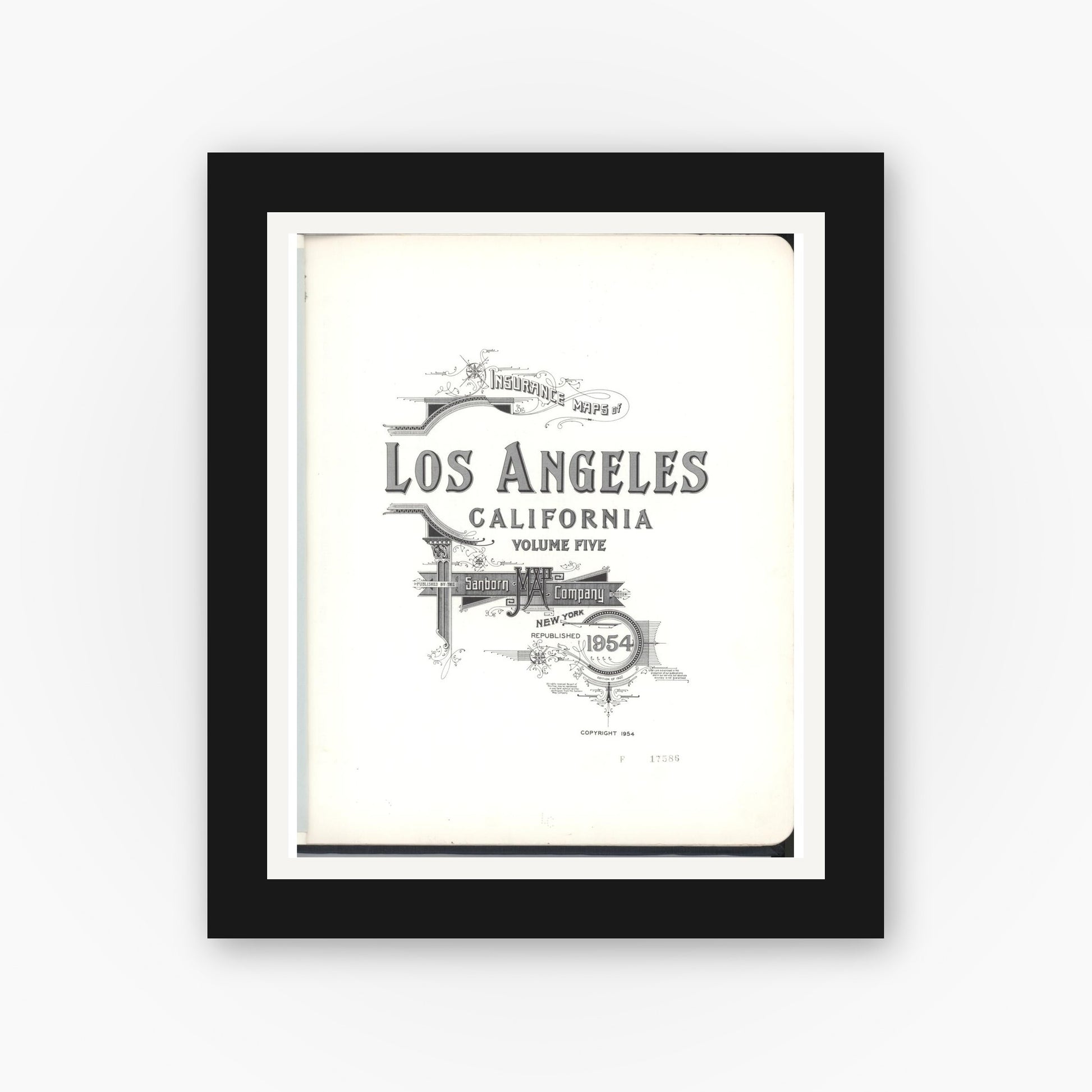 Old map wall art mockup — black gallery frame with white mat — Sanborn Fire Insurance Map from Los Angeles, Los Angeles County, California (1954), Sheet #0001