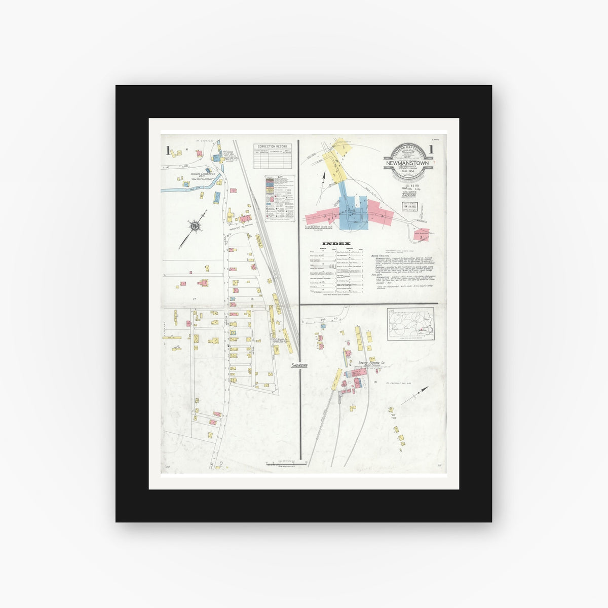 Old map wall art mockup — black gallery frame with white mat — Sanborn Fire Insurance Map from Newmanstown, Lebanon County, Pennsylvania (1934), Sheet #0001