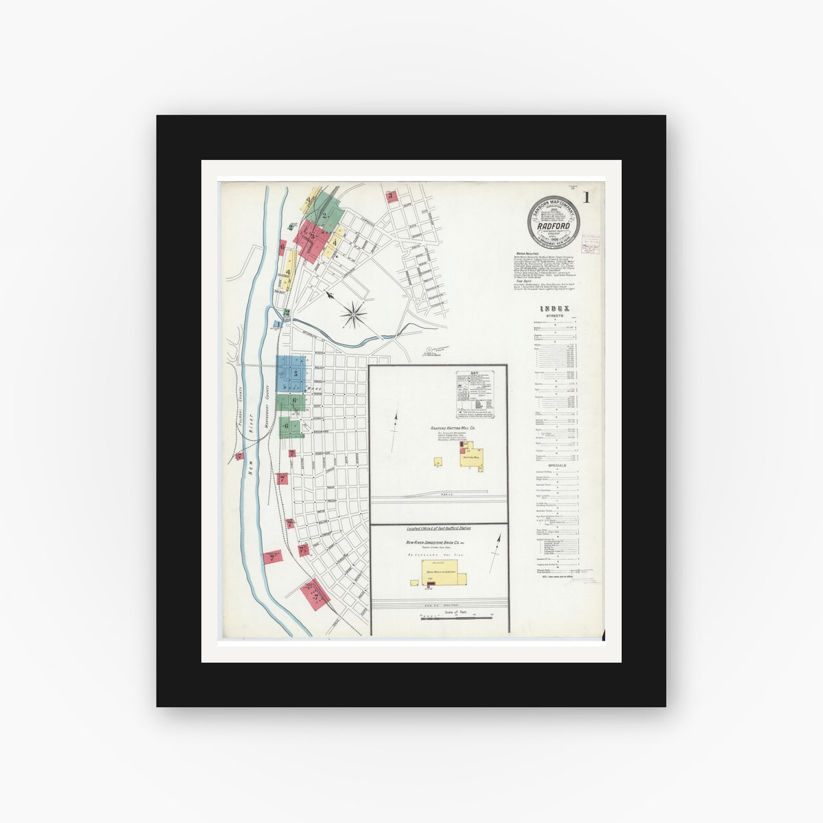 Old map wall art mockup — black gallery frame with white mat — Sanborn Fire Insurance Map from Radford, Independent Cities, Virginia (1908) - Complete Map Set