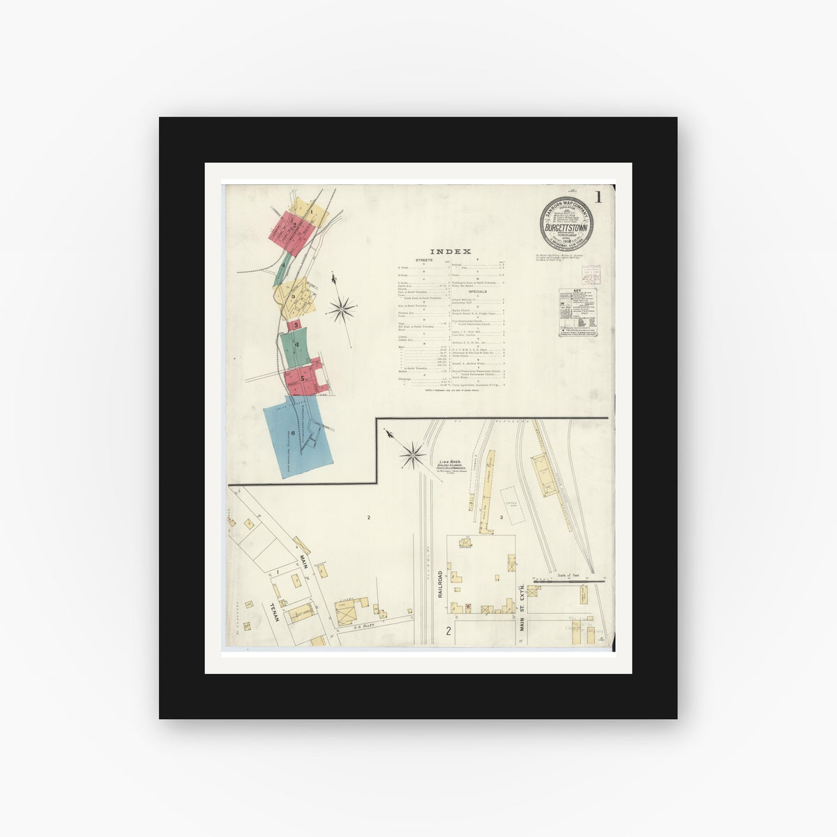 Old map wall art mockup — black gallery frame with white mat — Sanborn Fire Insurance Map from Burgettstown, Washington County, Pennsylvania (1908), Sheet #0001