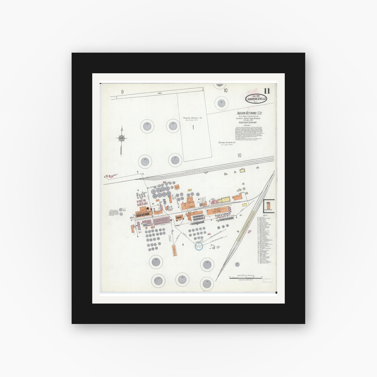 Old map wall art mockup — black gallery frame with white mat — Sanborn Fire Insurance Map from Lawrenceville, Lawrence County, Illinois (1918), Sheet #0011