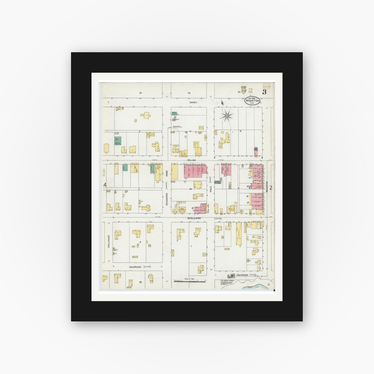 Old map wall art mockup — black gallery frame with white mat — Sanborn Fire Insurance Map from Wharton, Wharton County, Texas (1906), Sheet #0003