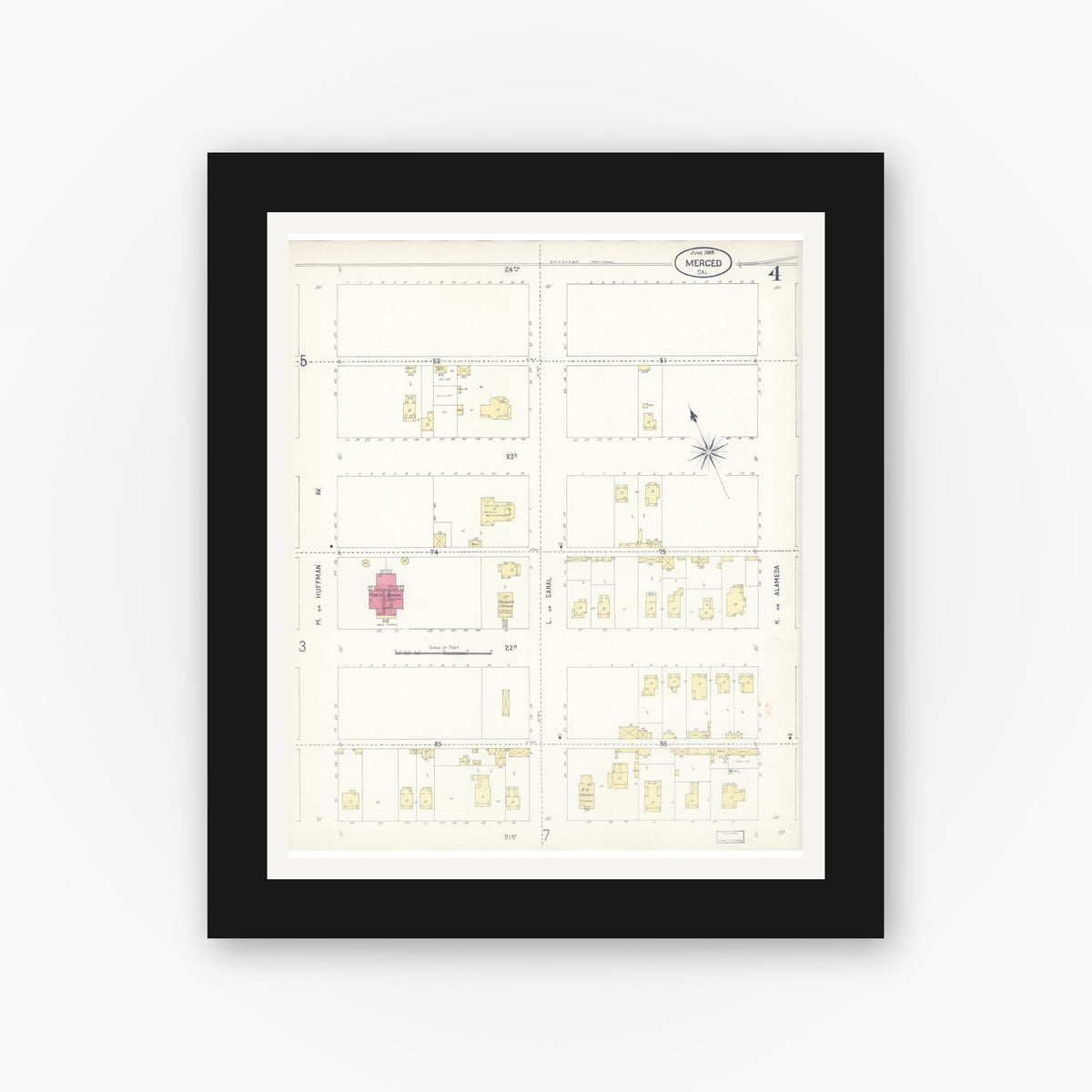Old map wall art mockup — black gallery frame with white mat — Sanborn Fire Insurance Map from Merced, Merced County, California (1898), Sheet #0004