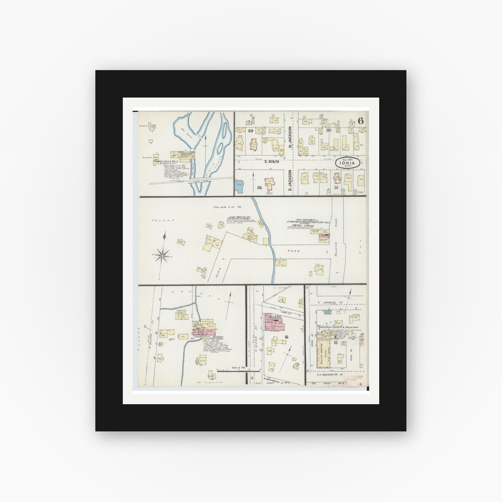 Old map wall art mockup — black gallery frame with white mat — Sanborn Fire Insurance Map from Ionia, Ionia County, Michigan (1890), Sheet #0006