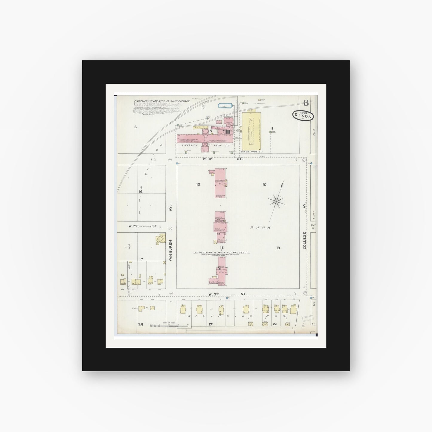 Old map wall art mockup — black gallery frame with white mat — Sanborn Fire Insurance Map from Dixon, Lee County, Illinois (1891), Sheet #0008