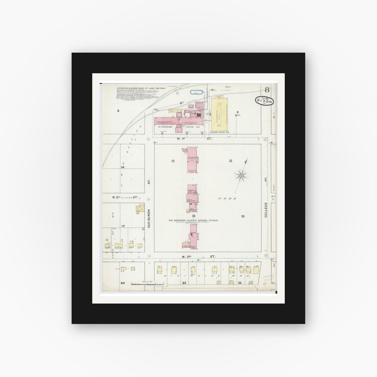 Old map wall art mockup — black gallery frame with white mat — Sanborn Fire Insurance Map from Dixon, Lee County, Illinois (1891), Sheet #0008