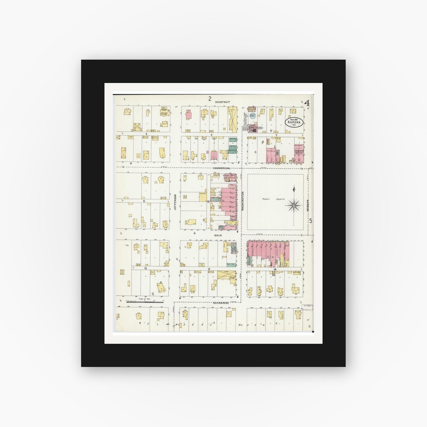 Old map wall art mockup — black gallery frame with white mat — Sanborn Fire Insurance Map from Kahoka, Clark County, Missouri (1907), Sheet #0004