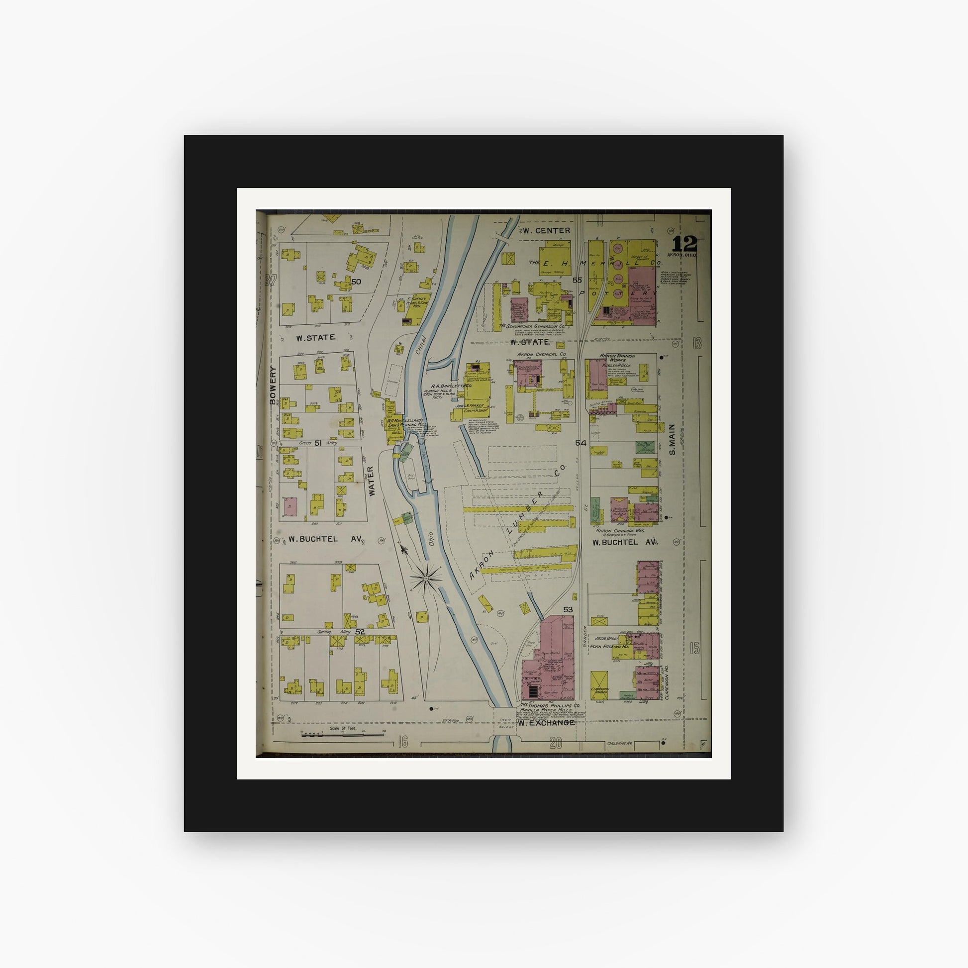 Old map wall art mockup — black gallery frame with white mat — Sanborn Fire Insurance Map from Akron, Summit County, Ohio (1892), Sheet #0012