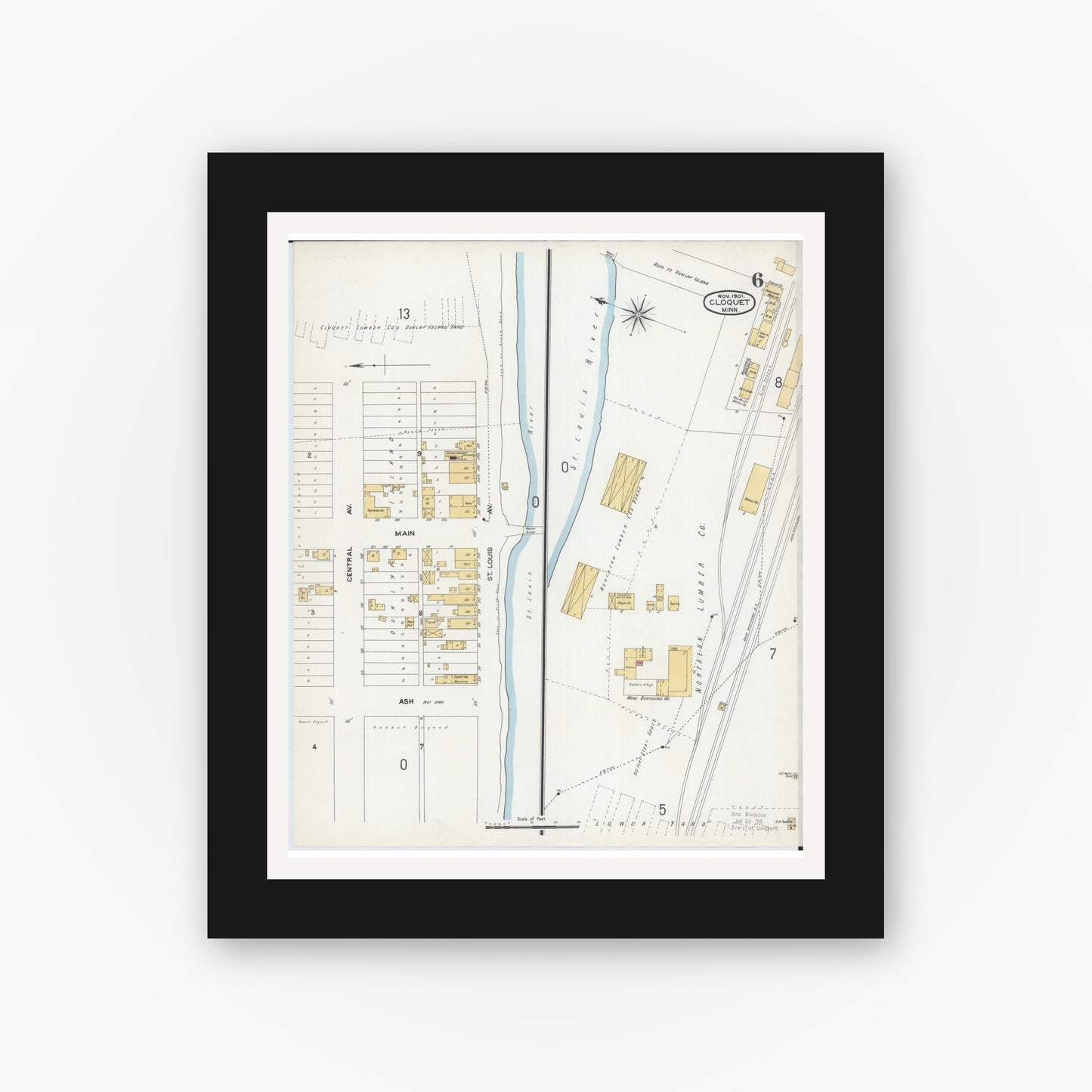 Old map wall art mockup — black gallery frame with white mat — Sanborn Fire Insurance Map from Cloquet, Carlton County, Minnesota (1901), Sheet #0006
