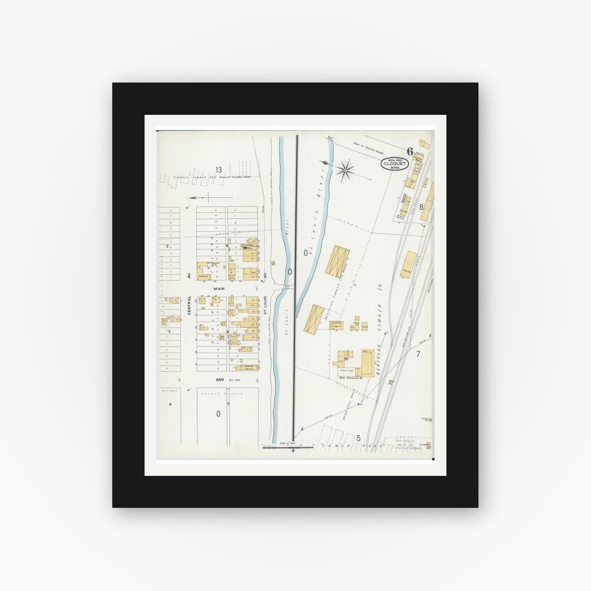 Old map wall art mockup — black gallery frame with white mat — Sanborn Fire Insurance Map from Cloquet, Carlton County, Minnesota (1901), Sheet #0006