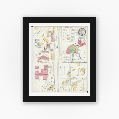 Old map wall art mockup — black gallery frame with white mat — Sanborn Fire Insurance Map from Geneva, Ashtabula County, Ohio (1898), Sheet #0001