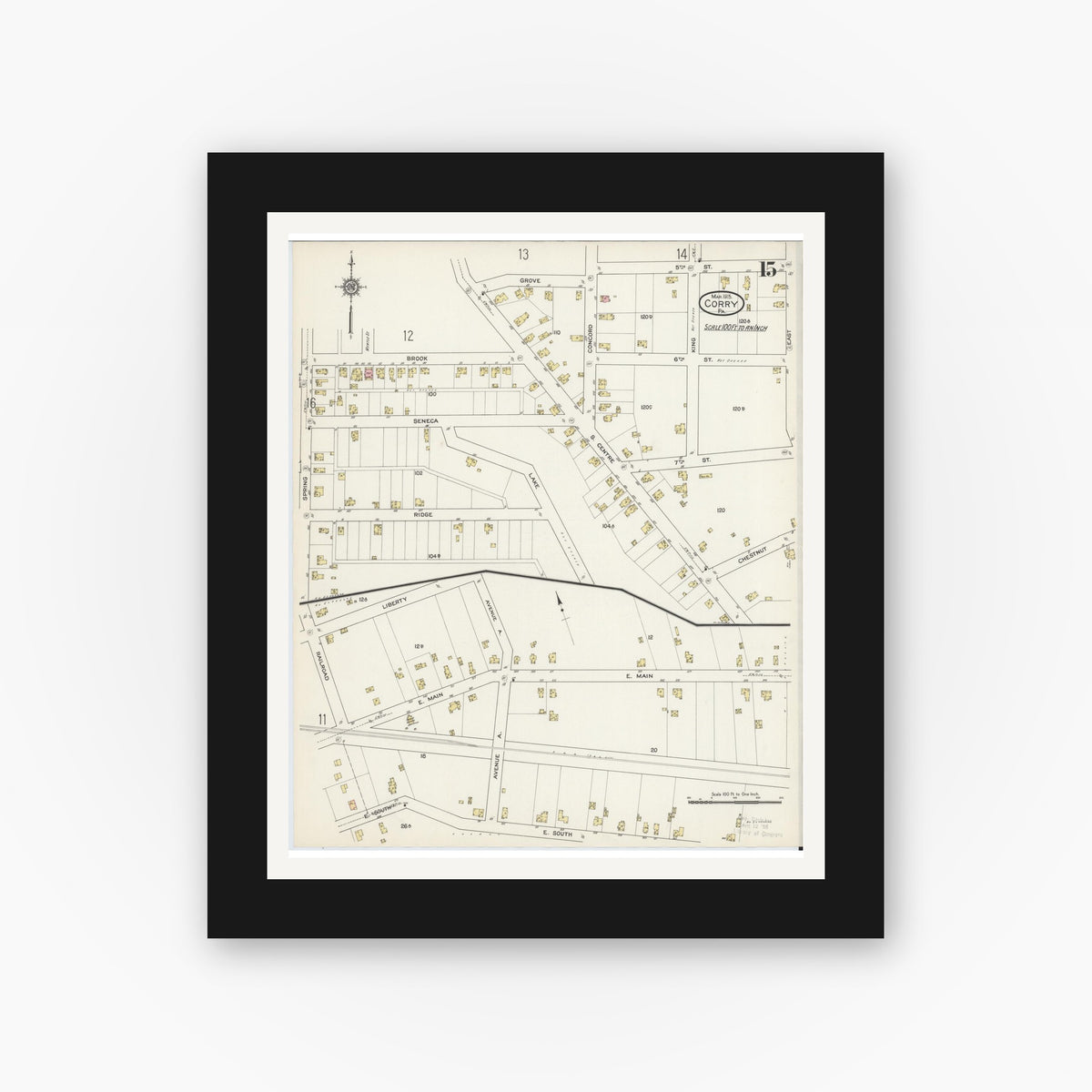 Old map wall art mockup — black gallery frame with white mat — Sanborn Fire Insurance Map from Corry, Erie County, Pennsylvania (1915), Sheet #0015