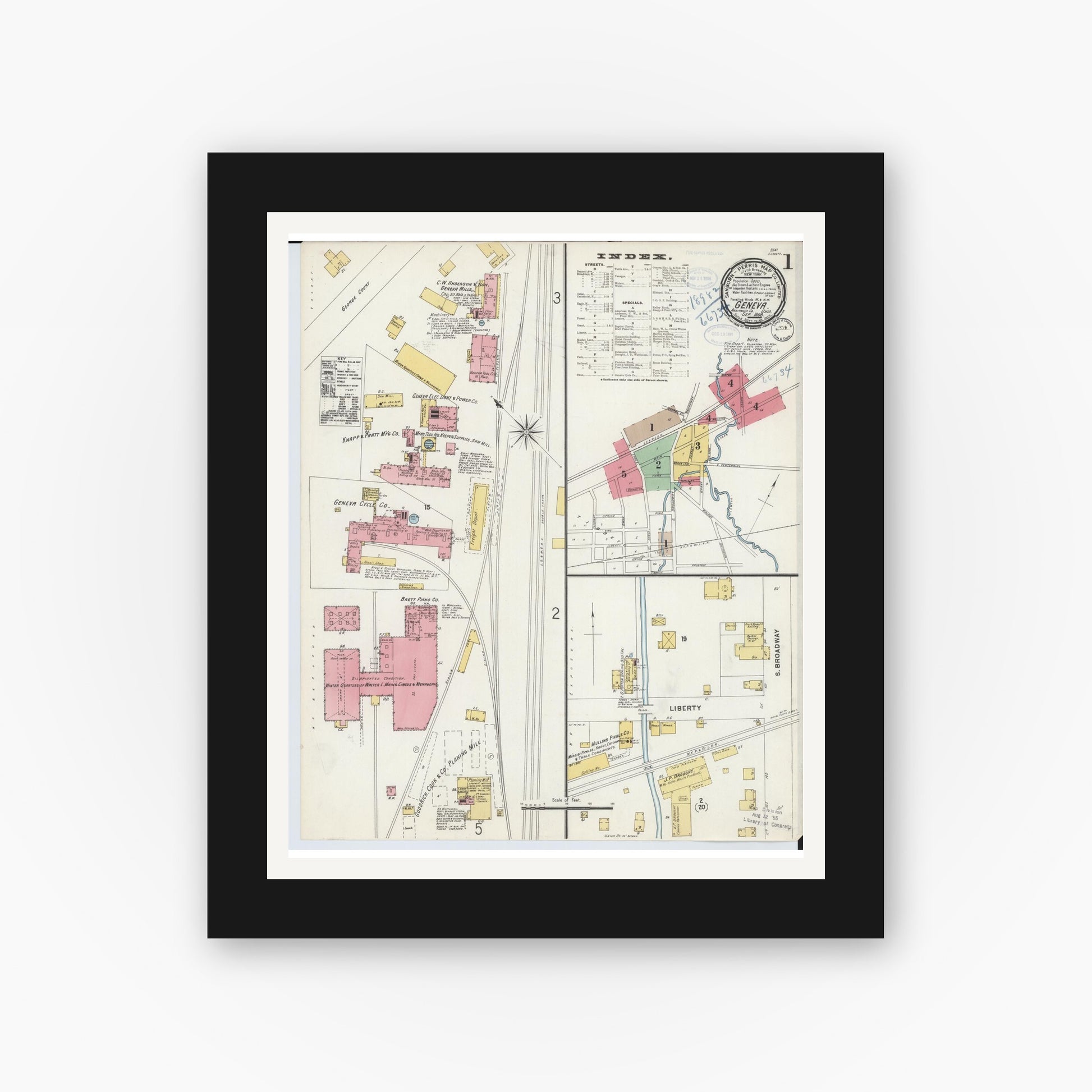 Old map wall art mockup — black gallery frame with white mat — Sanborn Fire Insurance Map from Geneva, Ashtabula County, Ohio (1898) - Complete Map Set