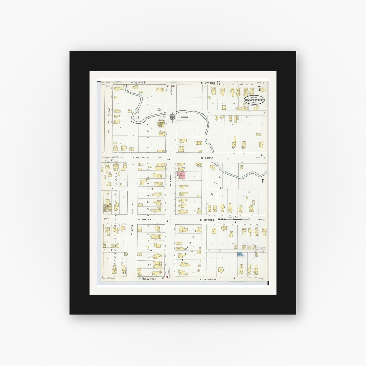 Old map wall art mockup — black gallery frame with white mat — Sanborn Fire Insurance Map from Traverse City, Grand Traverse County, Michigan (1910), Sheet #0007