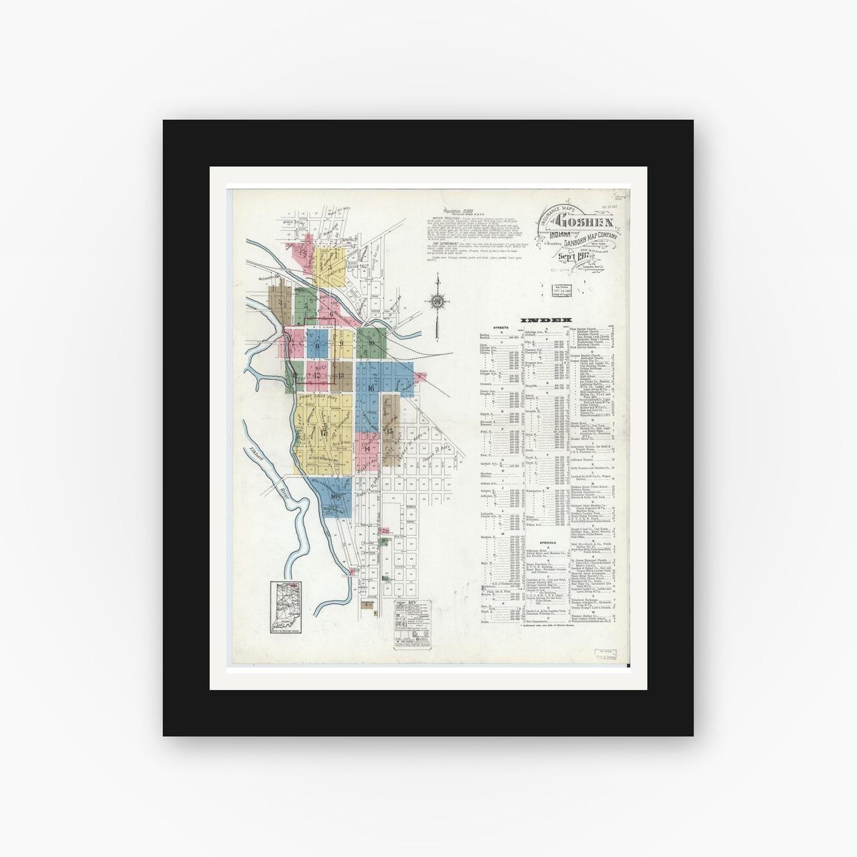 Old map wall art mockup — black gallery frame with white mat — Sanborn Fire Insurance Map from Goshen, Elkhart County, Indiana (1917), Sheet #0001