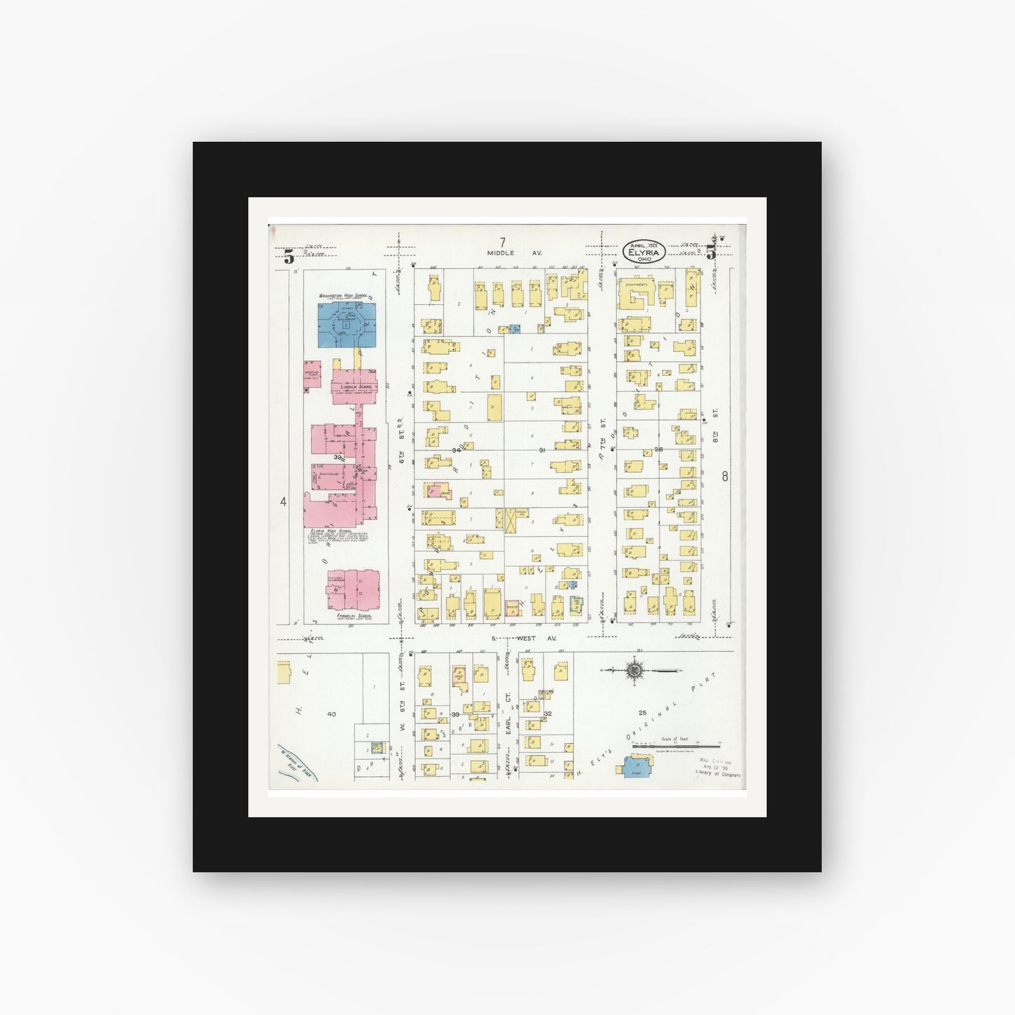 Old map wall art mockup — black gallery frame with white mat — Sanborn Fire Insurance Map from Elyria, Lorain County, Ohio (1925), Sheet #0005