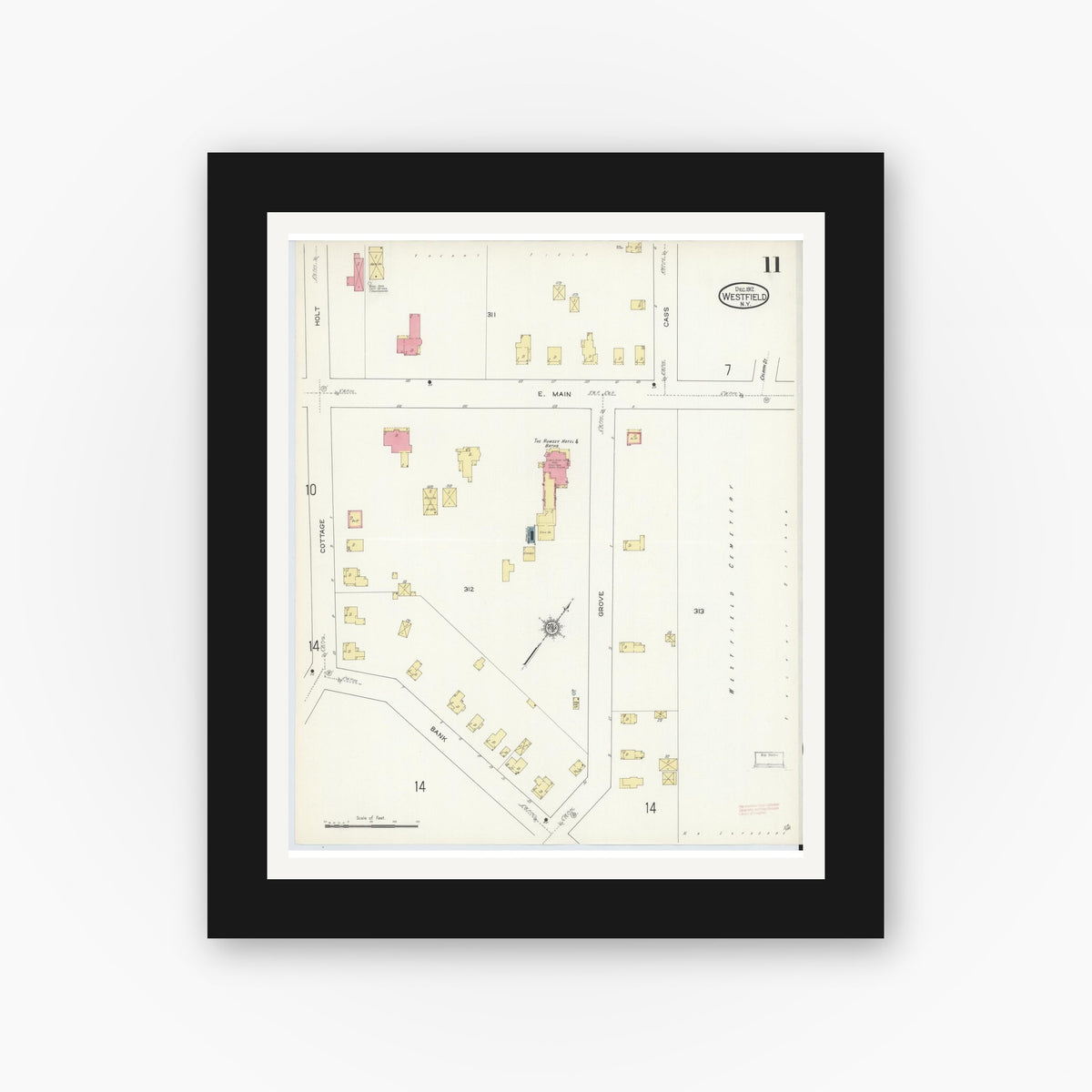 Old map wall art mockup — black gallery frame with white mat — Sanborn Fire Insurance Map from Westfield, Chautauqua County, New York (1912), Sheet #0011