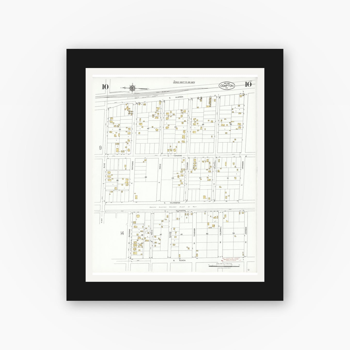 Old map wall art mockup — black gallery frame with white mat — Sanborn Fire Insurance Map from Compton, Los Angeles County, California (1925), Sheet #0010