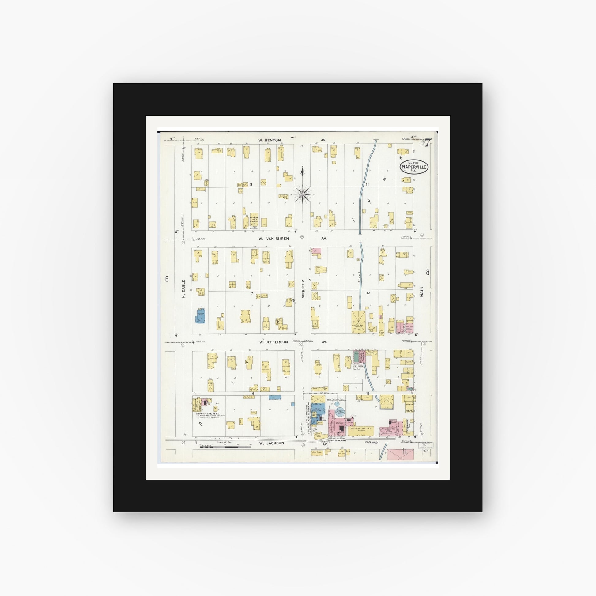 Old map wall art mockup — black gallery frame with white mat — Sanborn Fire Insurance Map from Naperville, Du Page County, Illinois (1909), Sheet #0007