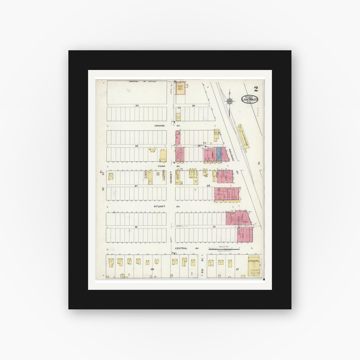 Old map wall art mockup — black gallery frame with white mat — Sanborn Fire Insurance Map from Lake Wales, Polk County, Florida (1920), Sheet #0002