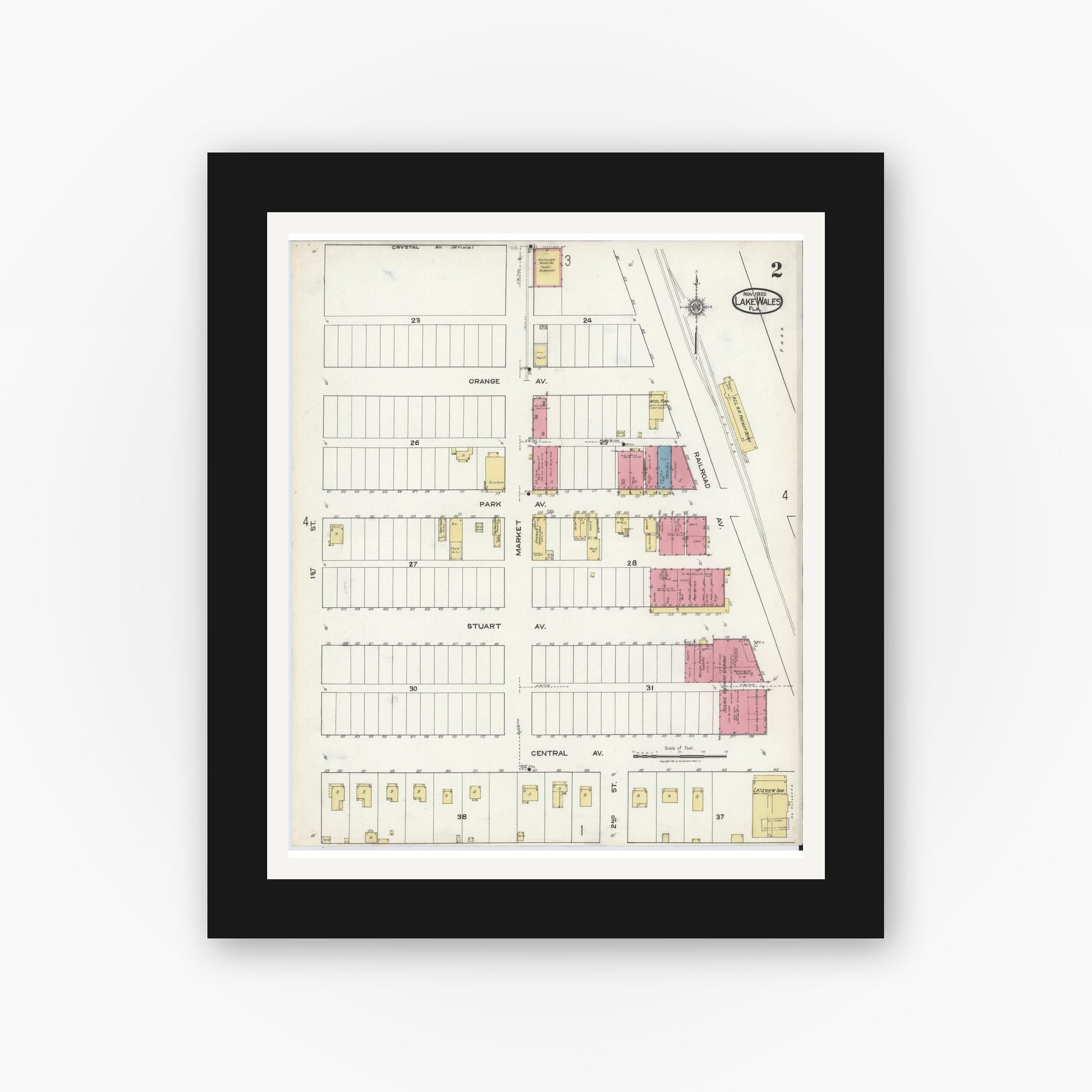Old map wall art mockup — black gallery frame with white mat — Sanborn Fire Insurance Map from Lake Wales, Polk County, Florida (1920), Sheet #0002