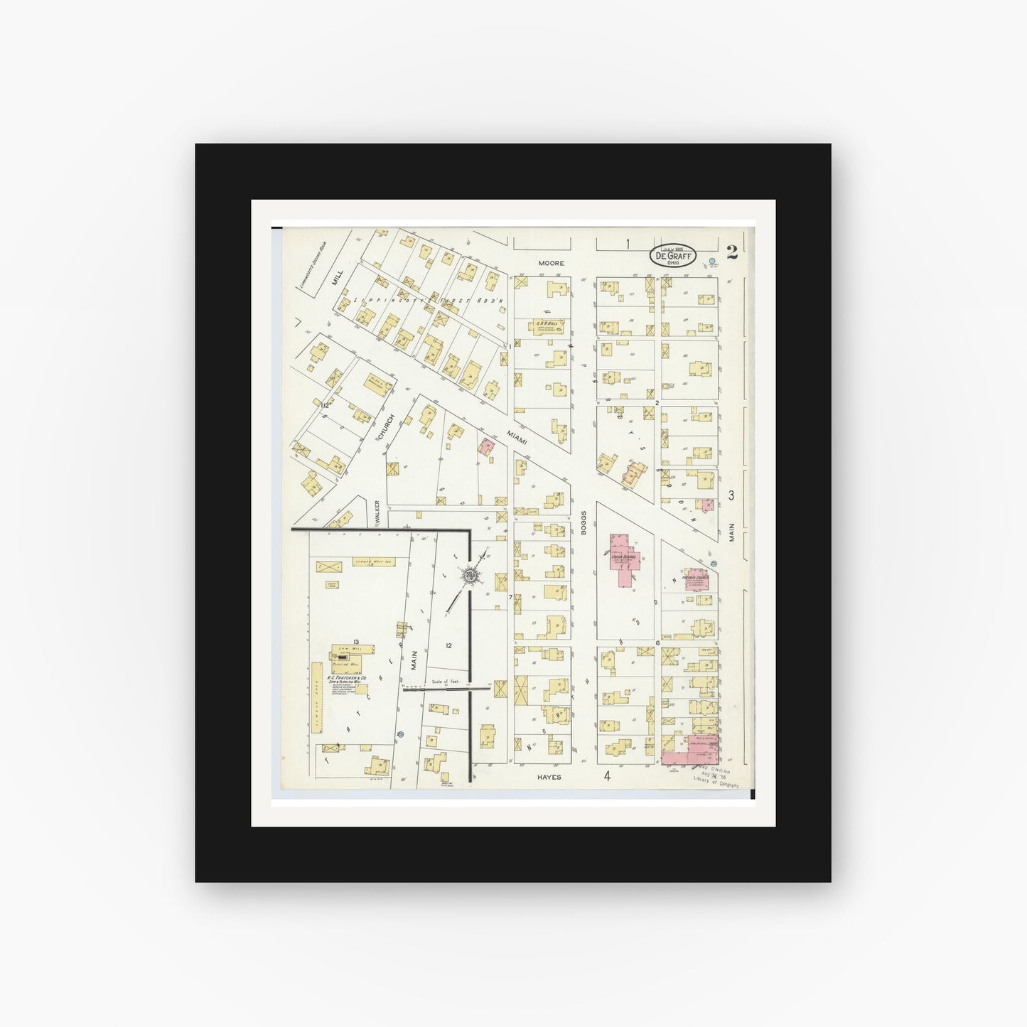 Old map wall art mockup — black gallery frame with white mat — Sanborn Fire Insurance Map from Degraff, Logan County, Ohio (1915), Sheet #0002