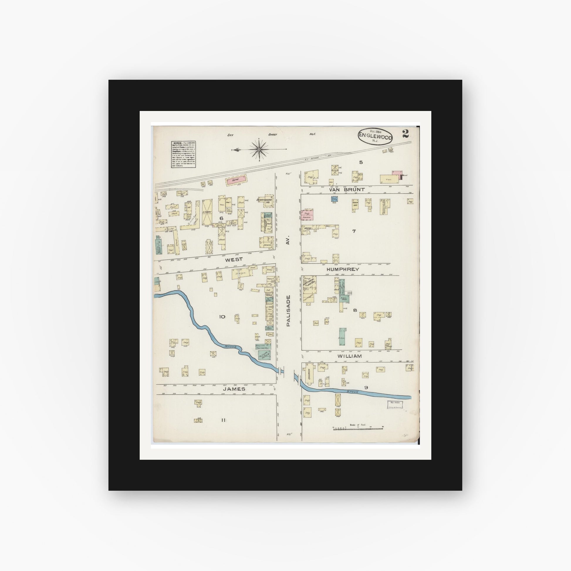 Old map wall art mockup — black gallery frame with white mat — Sanborn Fire Insurance Map from Englewood, Bergen County, New Jersey (1884), Sheet #0002