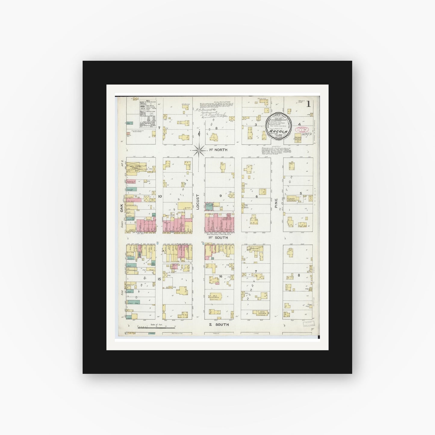Old map wall art mockup — black gallery frame with white mat — Sanborn Fire Insurance Map from Arcola, Douglas County, Illinois (1892), Sheet #0001