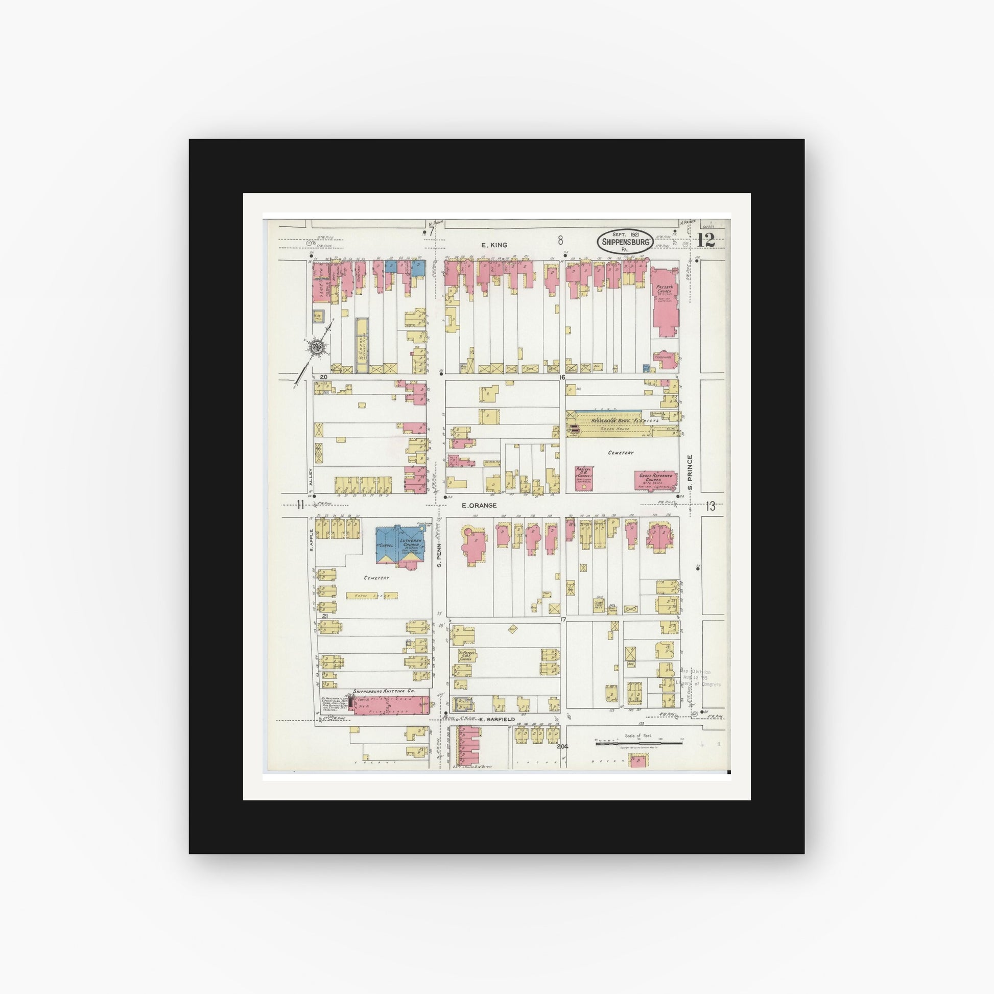 Old map wall art mockup — black gallery frame with white mat — Sanborn Fire Insurance Map from Shippensburg, Cumberland And Franklin Counties, Pennsylvania (1921), Sheet #0012