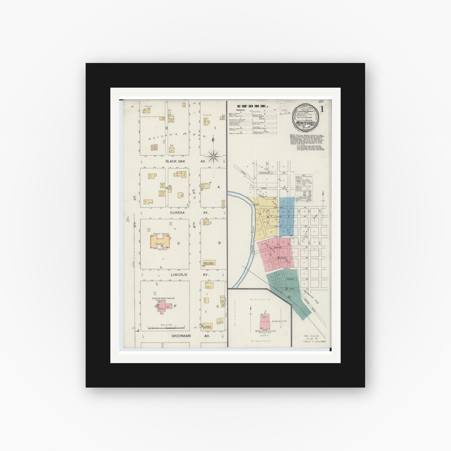 Old map wall art mockup — black gallery frame with white mat — Sanborn Fire Insurance Map from Montevideo, Chippewa County, Minnesota (1893), Sheet #0001