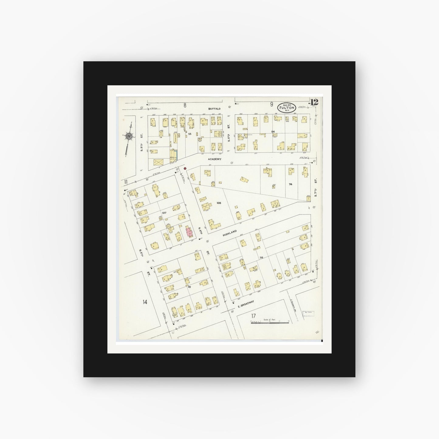 Old map wall art mockup — black gallery frame with white mat — Sanborn Fire Insurance Map from Fulton, Oswego County, New York (1911), Sheet #0012