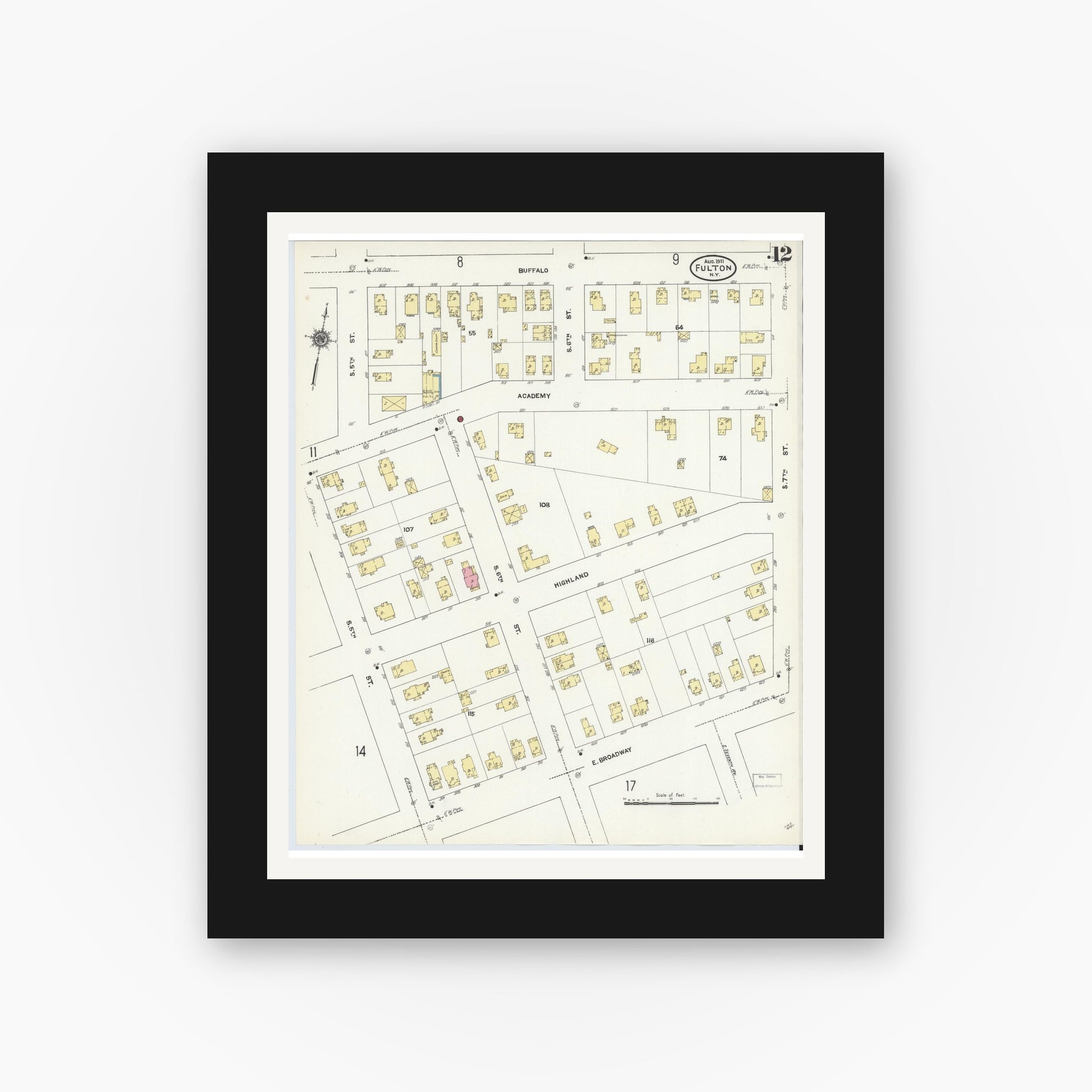 Old map wall art mockup — black gallery frame with white mat — Sanborn Fire Insurance Map from Fulton, Oswego County, New York (1911), Sheet #0012