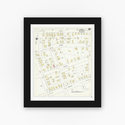 Old map wall art mockup — black gallery frame with white mat — Sanborn Fire Insurance Map from Fulton, Oswego County, New York (1911), Sheet #0012