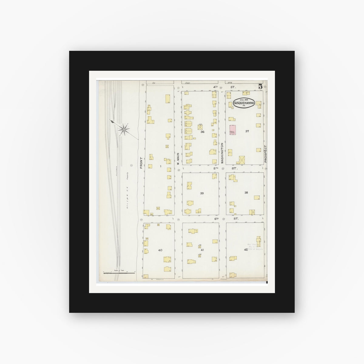 Old map wall art mockup — black gallery frame with white mat — Sanborn Fire Insurance Map from Susquehanna, Susquehanna County, Pennsylvania (1892), Sheet #0005