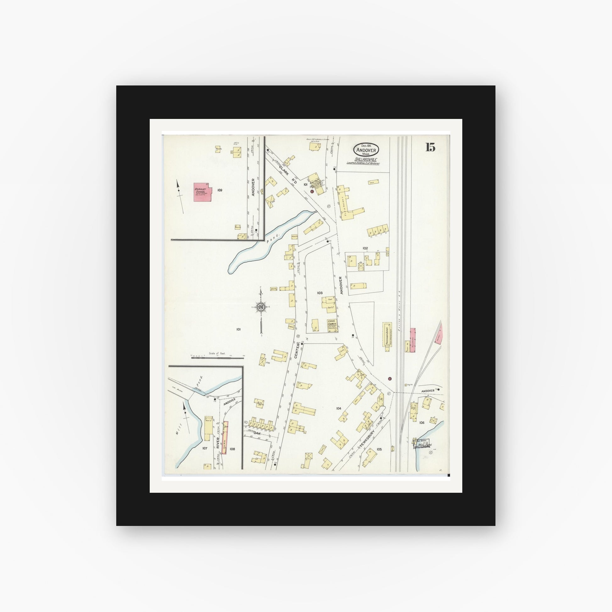 Old map wall art mockup — black gallery frame with white mat — Sanborn Fire Insurance Map from Andover, Essex County, Massachusetts (1911), Sheet #0015