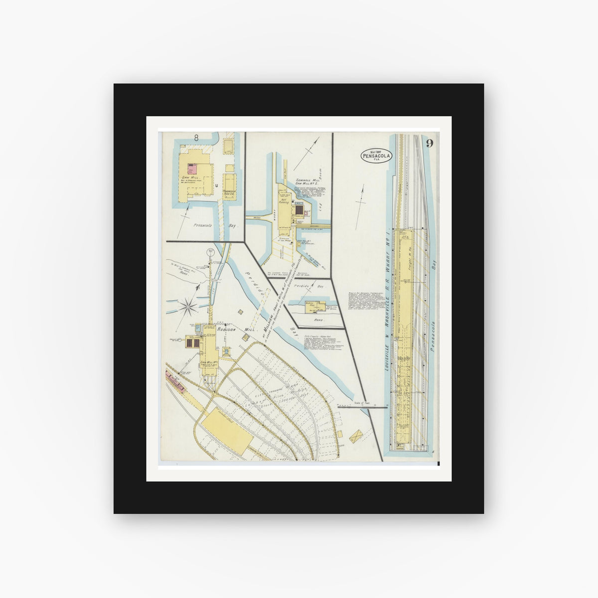 Old map wall art mockup — black gallery frame with white mat — Sanborn Fire Insurance Map from Pensacola, Escambia County, Florida (1897), Sheet #0009