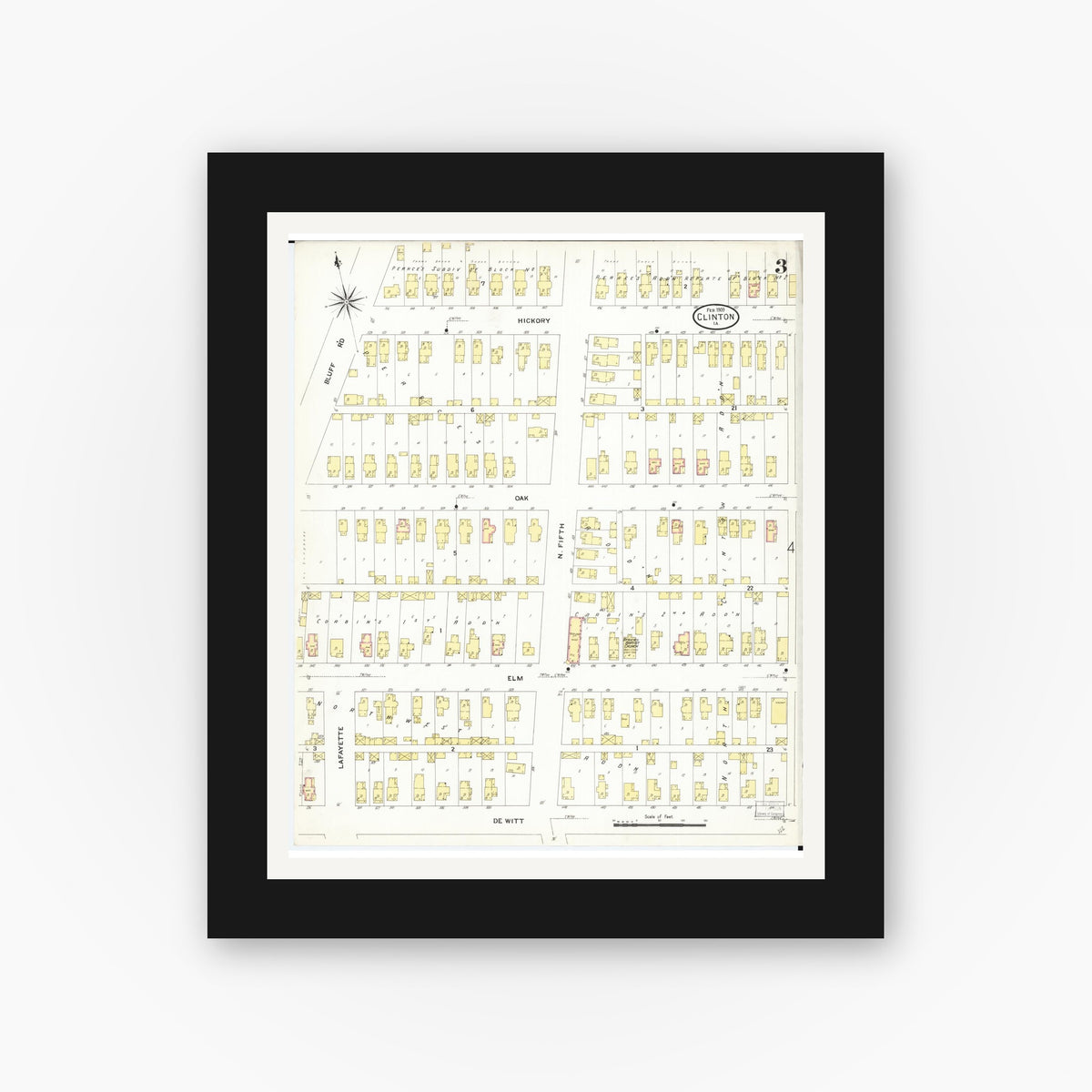 Old map wall art mockup — black gallery frame with white mat — Sanborn Fire Insurance Map from Clinton, Clinton County, Iowa (1909), Sheet #0003