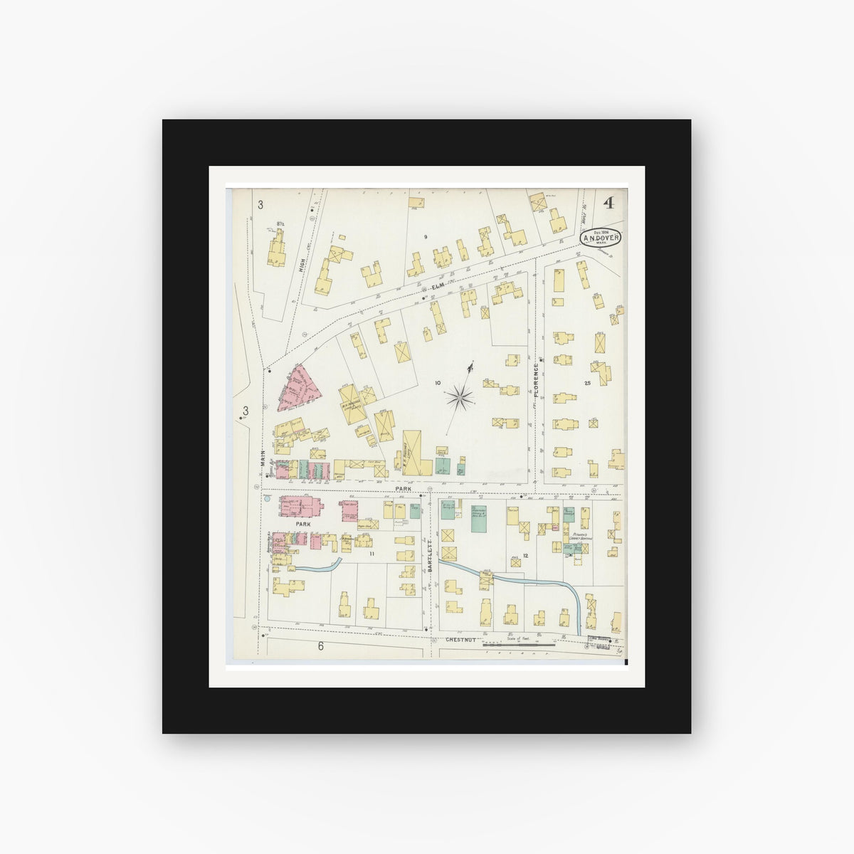 Old map wall art mockup — black gallery frame with white mat — Sanborn Fire Insurance Map from Andover, Essex County, Massachusetts (1896), Sheet #0004